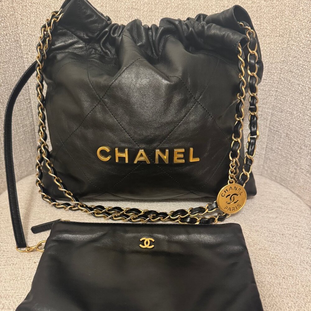 Authentic CHANEL  Small 22 Shiny Calfskin Hobo Bag